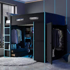 Full Size Loft Bed with Desk, Wardrobe, USB Port and LED Light