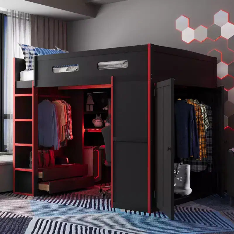 Full Size Loft Bed with Desk, Wardrobe, USB Port and LED Light