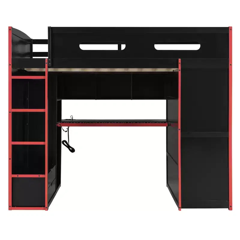 Full Size Loft Bed with Desk, Wardrobe, USB Port and LED Light