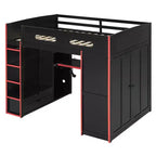 Full Size Loft Bed with Desk, Wardrobe, USB Port and LED Light