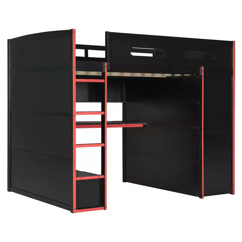 Full Size Loft Bed with Desk, Wardrobe, USB Port and LED Light