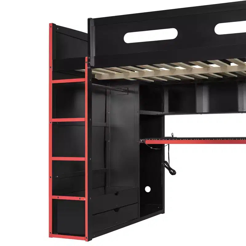 Full Size Loft Bed with Desk, Wardrobe, USB Port and LED Light