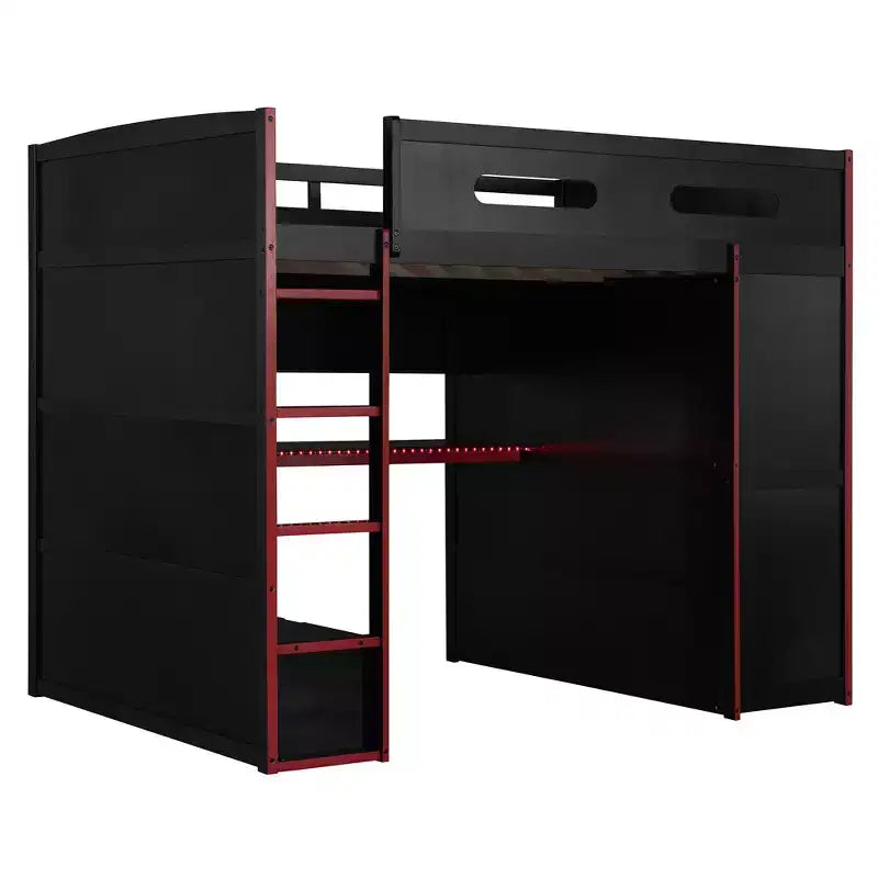 Full Size Loft Bed with Desk, Wardrobe, USB Port and LED Light