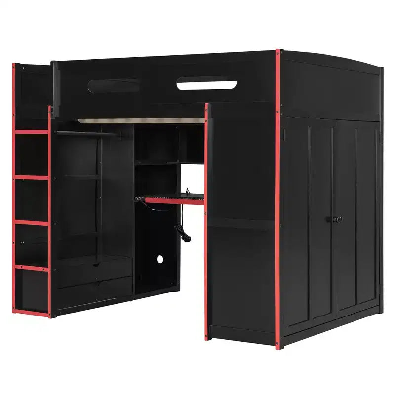Full Size Loft Bed with Desk, Wardrobe, USB Port and LED Light