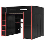 Full Size Loft Bed with Desk, Wardrobe, USB Port and LED Light