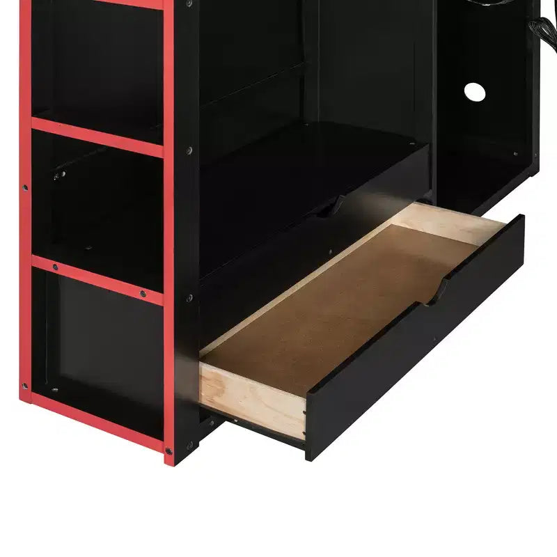 Full Size Loft Bed with Desk, Wardrobe, USB Port and LED Light