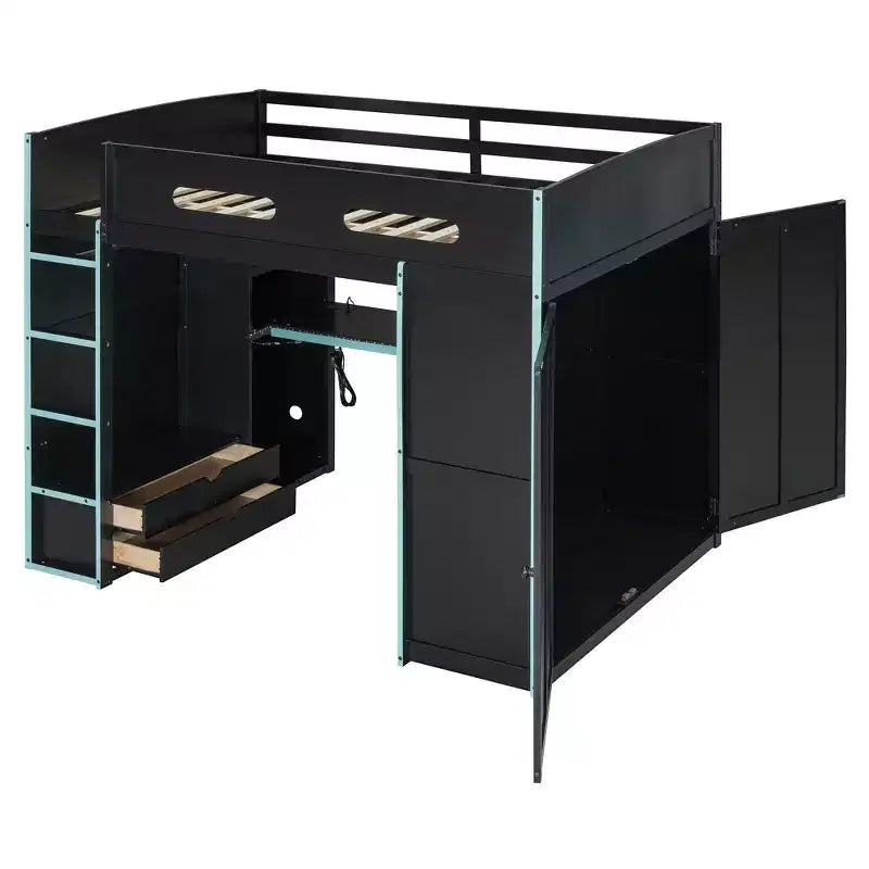 Full Size Loft Bed with Desk, Wardrobe, USB Port and LED Light