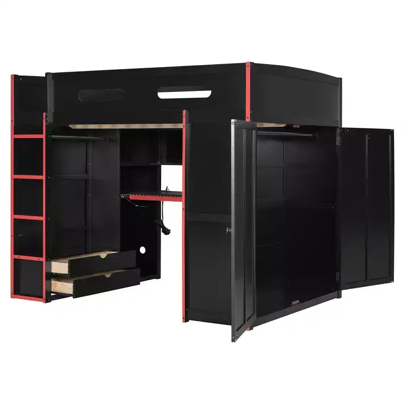 Full Size Loft Bed with Desk, Wardrobe, USB Port and LED Light