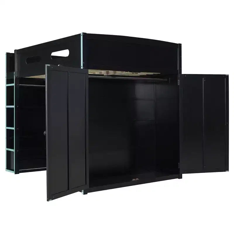 Full Size Loft Bed with Desk, Wardrobe, USB Port and LED Light