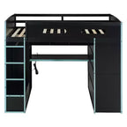 Full Size Loft Bed with Desk, Wardrobe, USB Port and LED Light