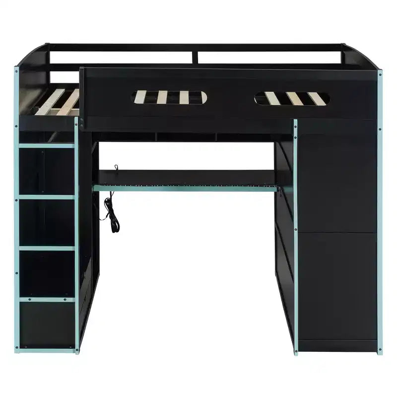 Full Size Loft Bed with Desk, Wardrobe, USB Port and LED Light