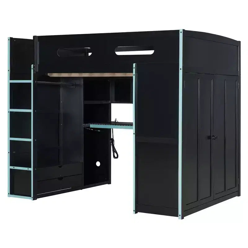 Full Size Loft Bed with Desk, Wardrobe, USB Port and LED Light