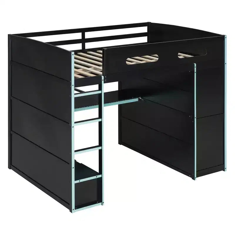 Full Size Loft Bed with Desk, Wardrobe, USB Port and LED Light