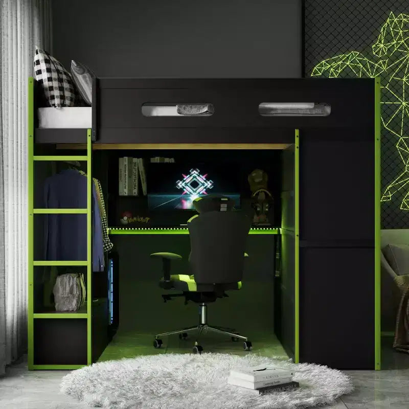Full Size Loft Bed with Desk, Wardrobe, USB Port and LED Light