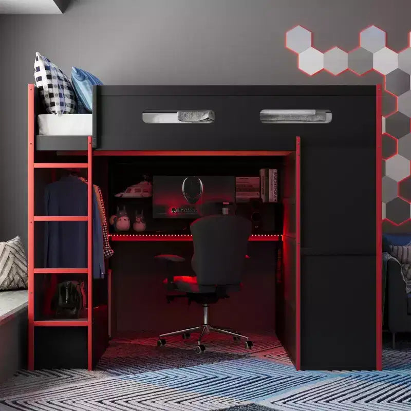 Full Size Loft Bed with Desk, Wardrobe, USB Port and LED Light