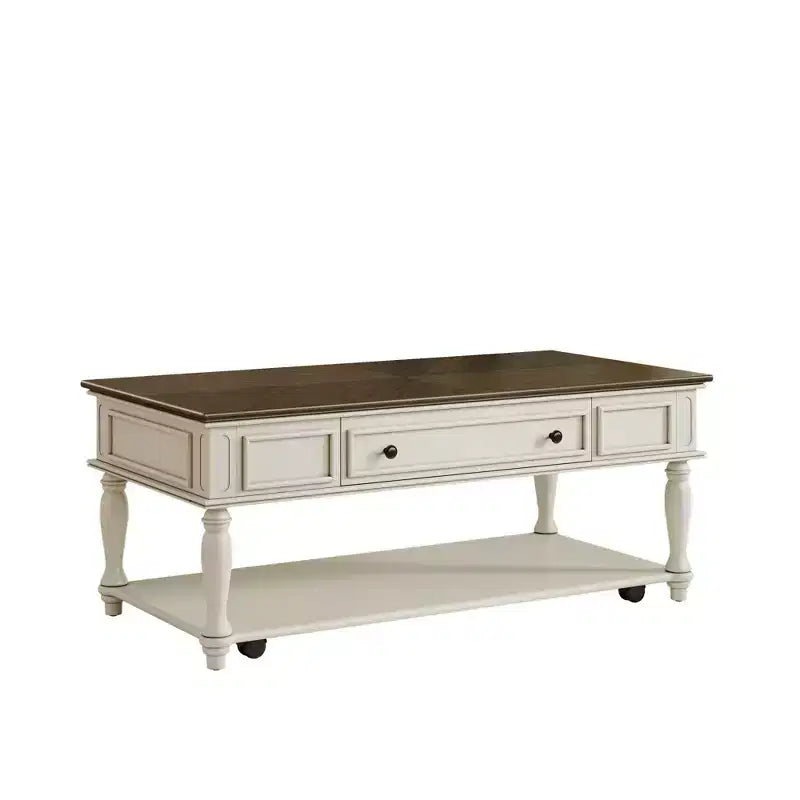 Farmhouse Coffee Table with Drawer, Lockable Wheels and Wood Legs, Grey and White