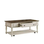 Farmhouse Coffee Table with Drawer, Lockable Wheels and Wood Legs, Grey and White