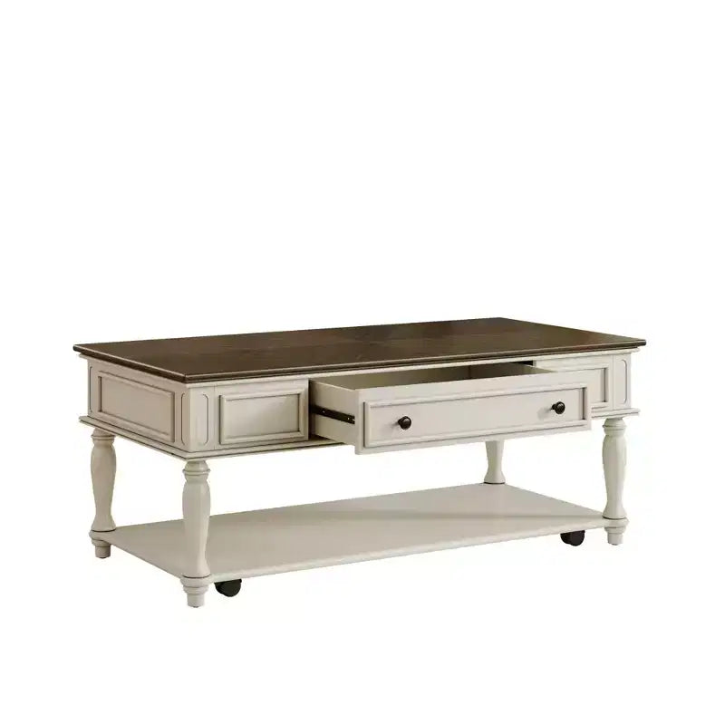 Farmhouse Coffee Table with Drawer, Lockable Wheels and Wood Legs, Grey and White