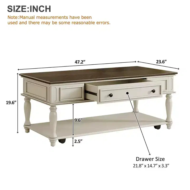 Farmhouse Coffee Table with Drawer, Lockable Wheels and Wood Legs, Grey and White