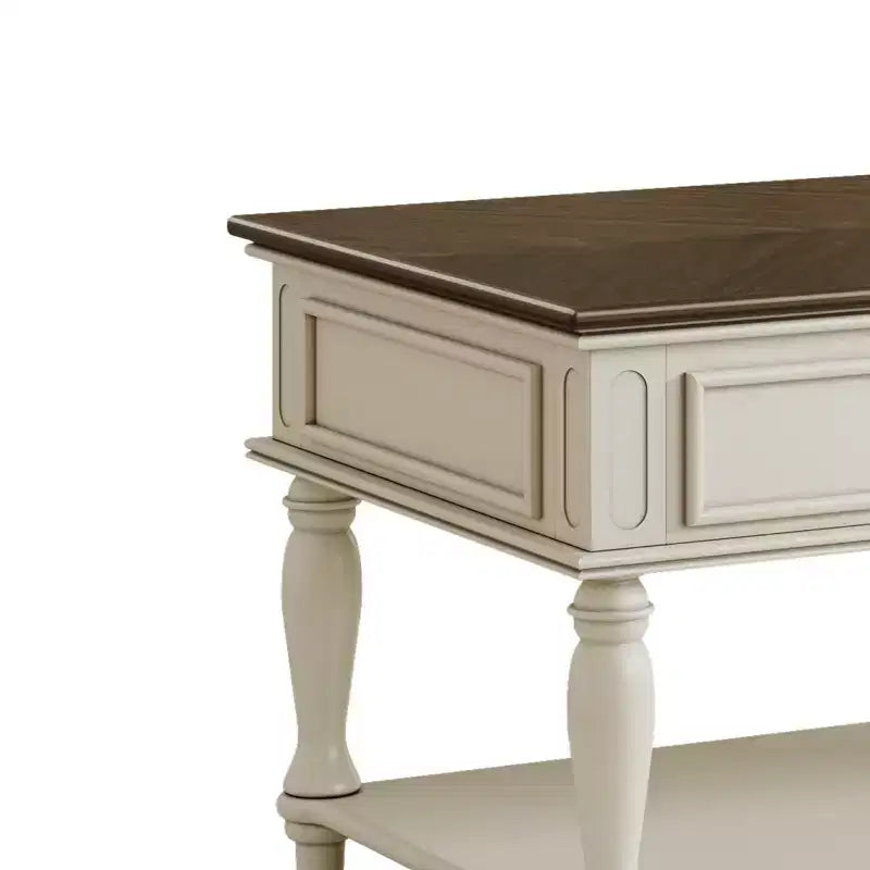 Farmhouse Coffee Table with Drawer, Lockable Wheels and Wood Legs, Grey and White