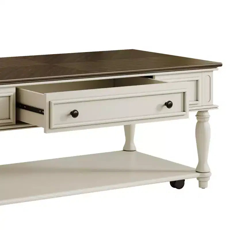Farmhouse Coffee Table with Drawer, Lockable Wheels and Wood Legs, Grey and White