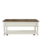Farmhouse Coffee Table with Drawer, Lockable Wheels and Wood Legs, Grey and White