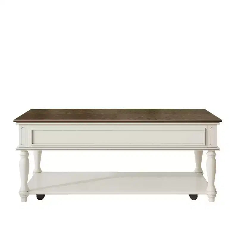 Farmhouse Coffee Table with Drawer, Lockable Wheels and Wood Legs, Grey and White