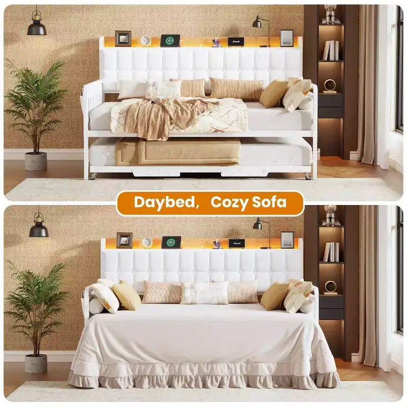 Twin Daybed with Trundle and Charging Station, Upholstered Sofa Bed Frame with Storage Headboard and LED Light, 76.77L x 45.67W