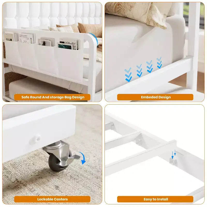 Twin Daybed with Trundle and Charging Station, Upholstered Sofa Bed Frame with Storage Headboard and LED Light, 76.77L x 45.67W