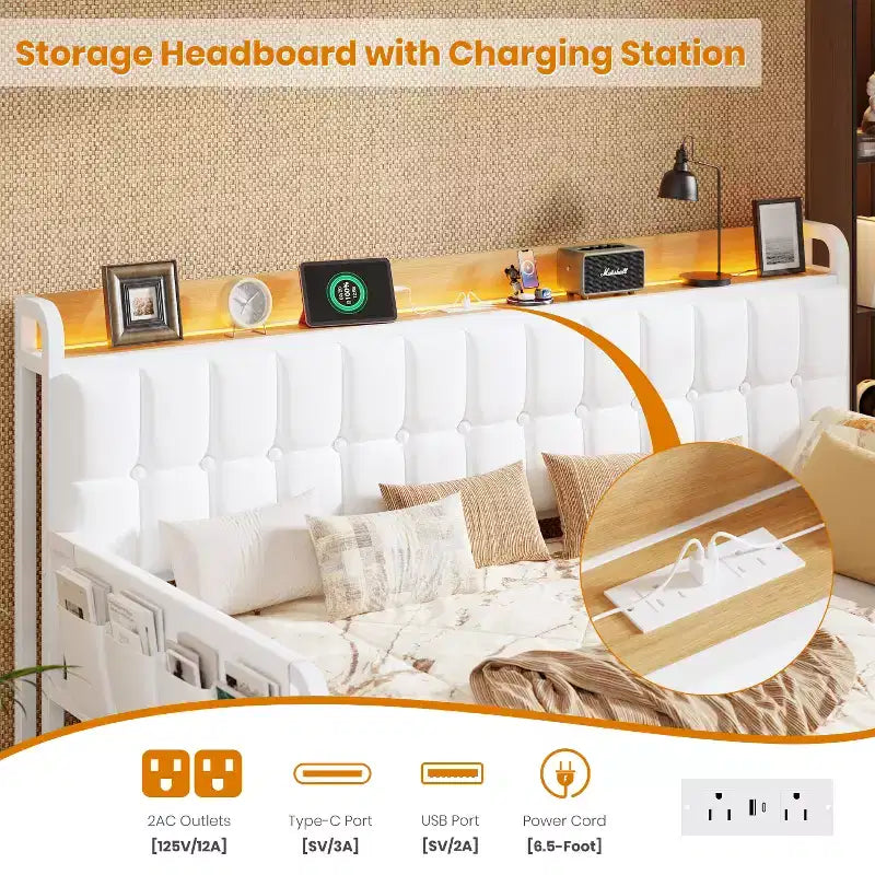 Twin Daybed with Trundle and Charging Station, Upholstered Sofa Bed Frame with Storage Headboard and LED Light, 76.77L x 45.67W