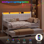 Twin Daybed with Trundle and Charging Station, Upholstered Sofa Bed Frame with Storage Headboard and LED Light, 76.77L x 45.67W
