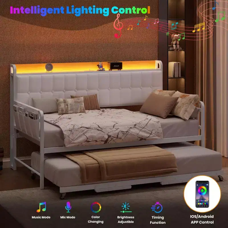 Twin Daybed with Trundle and Charging Station, Upholstered Sofa Bed Frame with Storage Headboard and LED Light, 76.77L x 45.67W