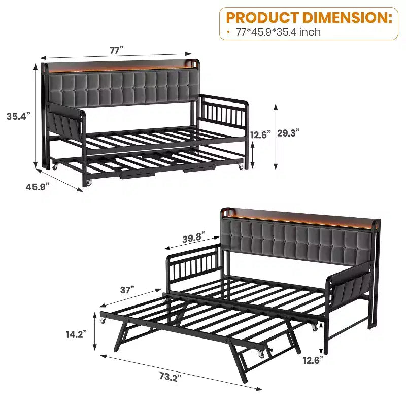 Twin Daybed with Trundle and Charging Station, Upholstered Sofa Bed Frame with Storage Headboard and LED Light, 76.77L x 45.67W