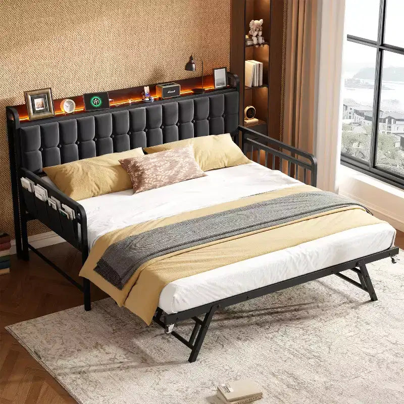 Twin Daybed with Trundle and Charging Station, Upholstered Sofa Bed Frame with Storage Headboard and LED Light, 76.77L x 45.67W