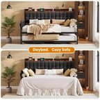 Twin Daybed with Trundle and Charging Station, Upholstered Sofa Bed Frame with Storage Headboard and LED Light, 76.77L x 45.67W