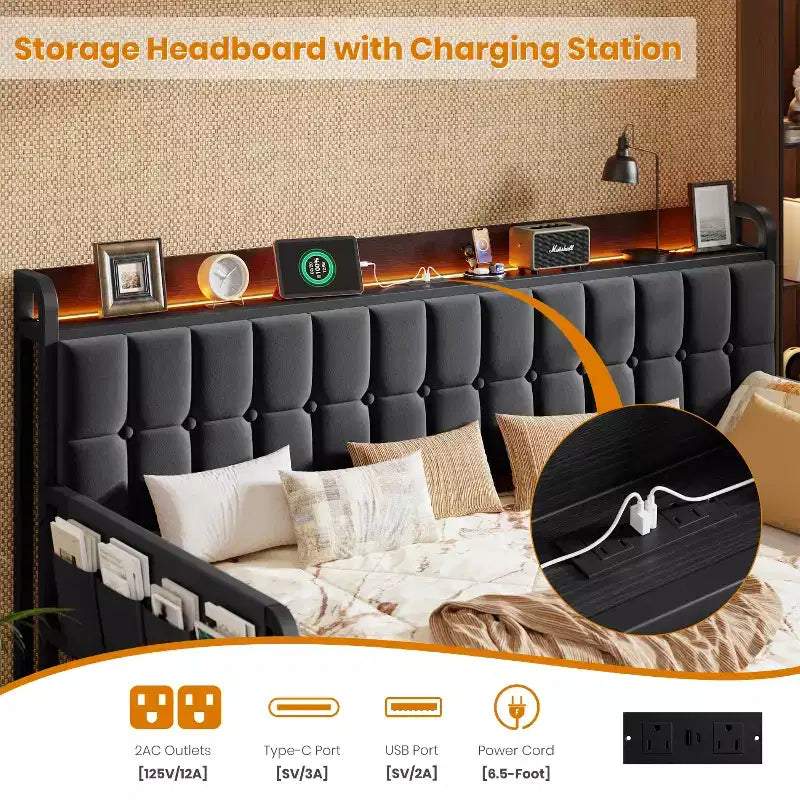 Twin Daybed with Trundle and Charging Station, Upholstered Sofa Bed Frame with Storage Headboard and LED Light, 76.77L x 45.67W