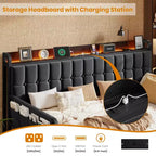 Twin Daybed with Trundle and Charging Station, Upholstered Sofa Bed Frame with Storage Headboard and LED Light, 76.77L x 45.67W