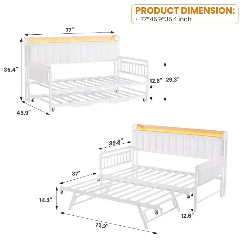 Twin Daybed with Trundle and Charging Station, Upholstered Sofa Bed Frame with Storage Headboard and LED Light, 76.77L x 45.67W