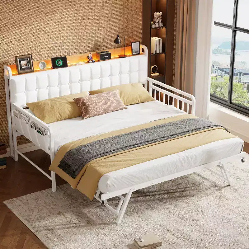 Twin Daybed with Trundle and Charging Station, Upholstered Sofa Bed Frame with Storage Headboard and LED Light, 76.77L x 45.67W