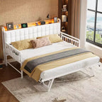 Twin Daybed with Trundle and Charging Station, Upholstered Sofa Bed Frame with Storage Headboard and LED Light, 76.77L x 45.67W