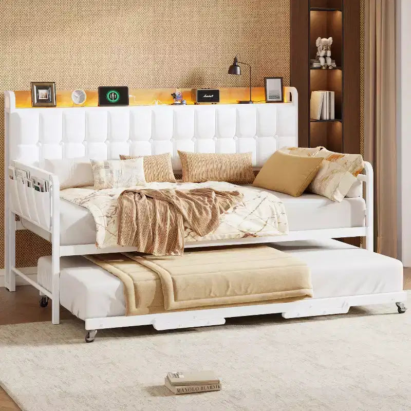 Twin Daybed with Trundle and Charging Station, Upholstered Sofa Bed Frame with Storage Headboard and LED Light, 76.77L x 45.67W