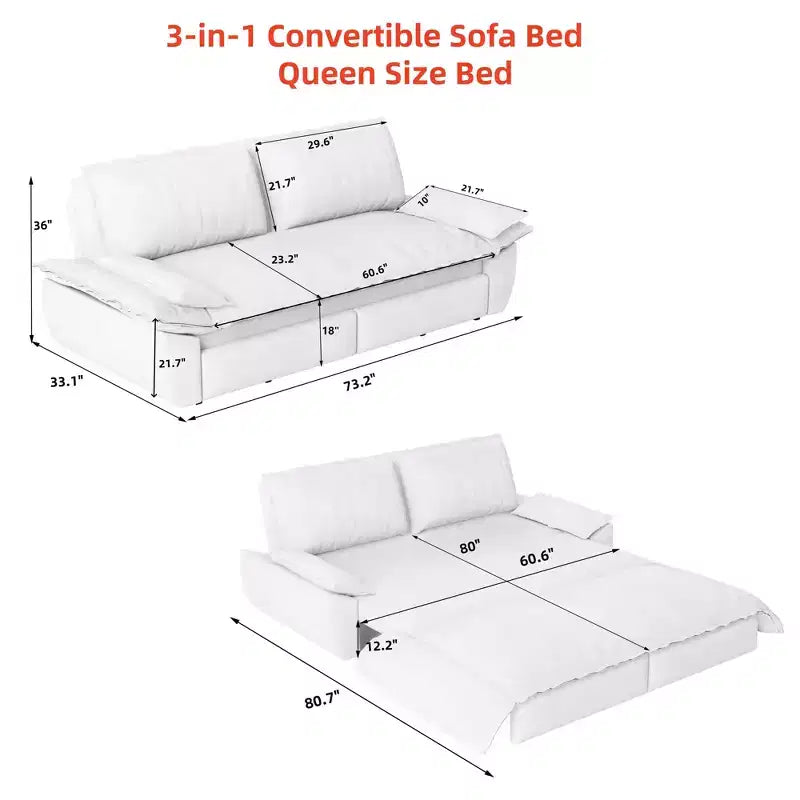 Velvet Convertible Sofa Bed, 3-Seater Pull-Out Sleeper Couch, 3-in-1 Foldable Sofa for Living Room or Apartment, Beige