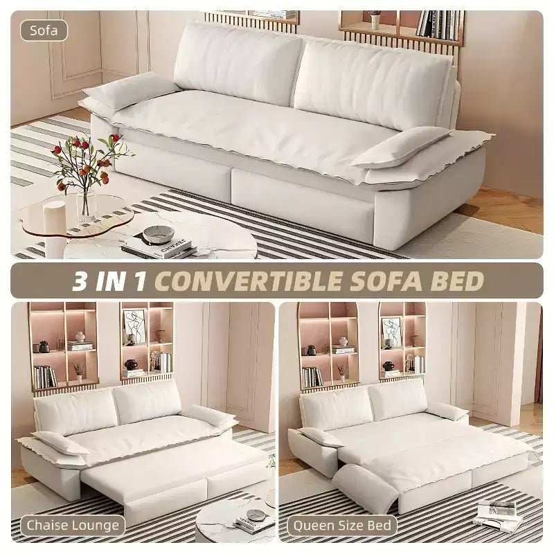Velvet Convertible Sofa Bed, 3-Seater Pull-Out Sleeper Couch, 3-in-1 Foldable Sofa for Living Room or Apartment, Beige