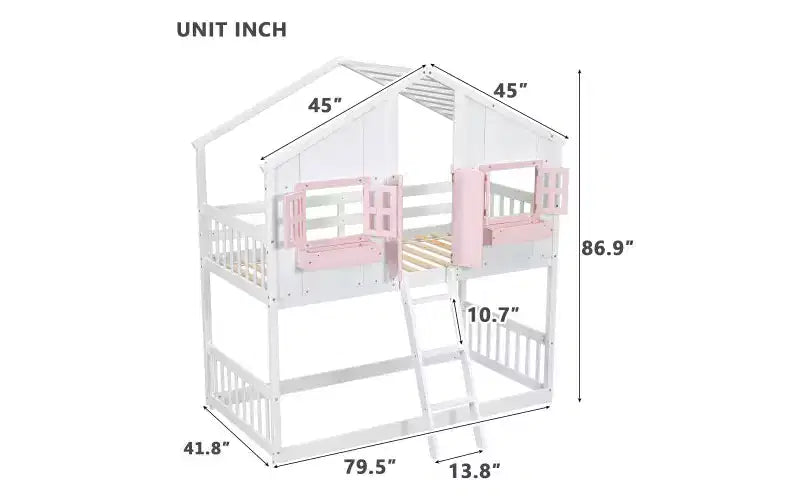 Twin over Twin House Bunk Bed with Roof and Window, Low Height Safety Design