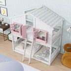 Twin over Twin House Bunk Bed with Roof and Window, Low Height Safety Design