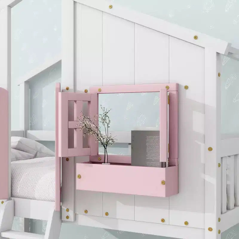 Twin over Twin House Bunk Bed with Roof and Window, Low Height Safety Design
