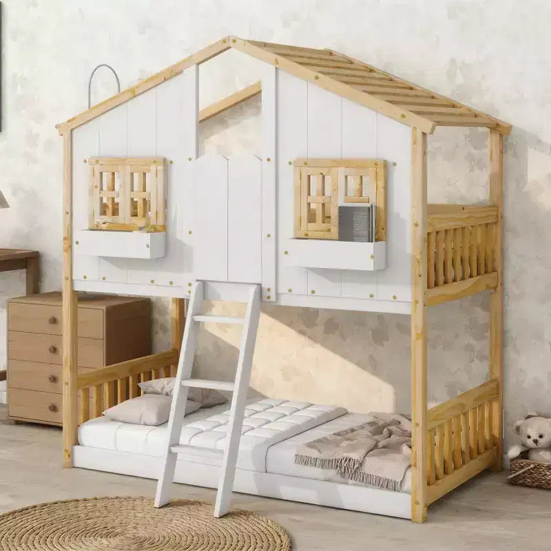 Twin over Twin House Bunk Bed with Roof and Window, Low Height Safety Design