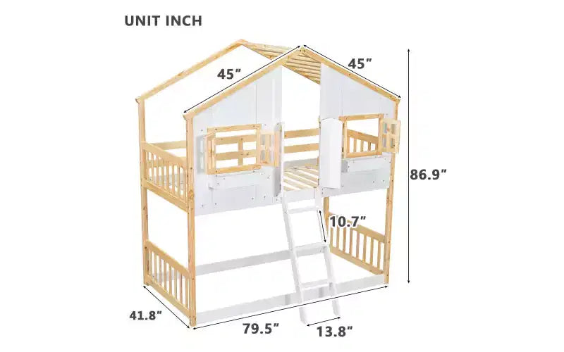 Twin over Twin House Bunk Bed with Roof and Window, Low Height Safety Design