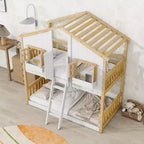 Twin over Twin House Bunk Bed with Roof and Window, Low Height Safety Design