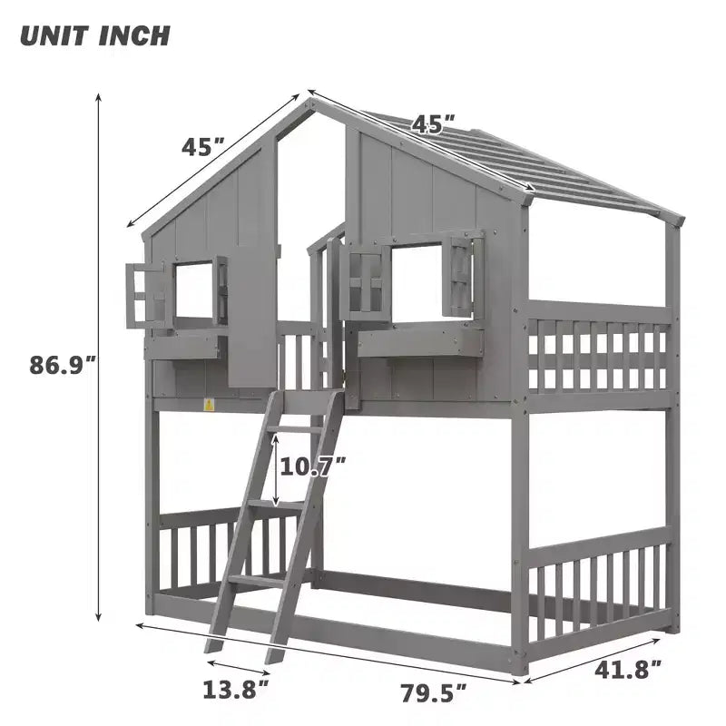 Twin over Twin House Bunk Bed with Roof and Window, Low Height Safety Design